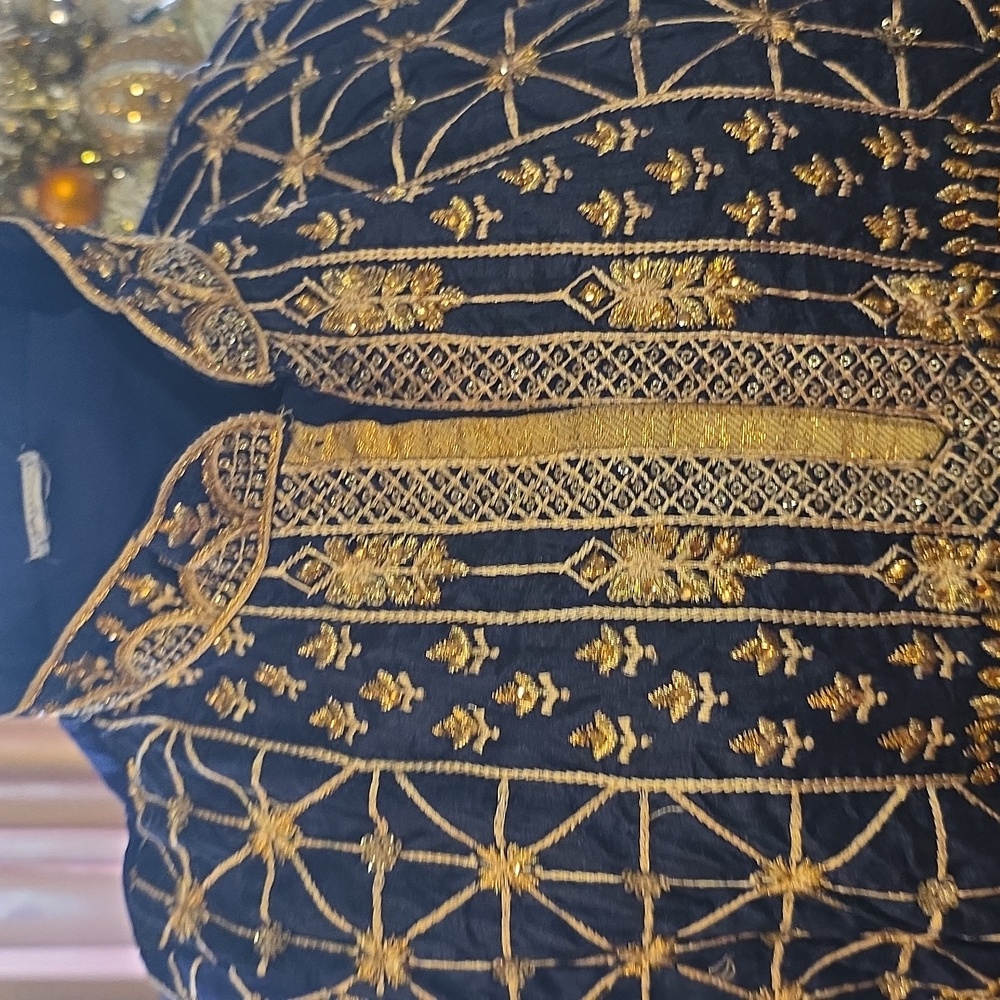 Elegant Navy Women's Dress With Gold Embroidery - Picture 3 of 12